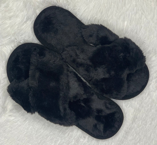 Black Cross Strap Fuzzy Slippers