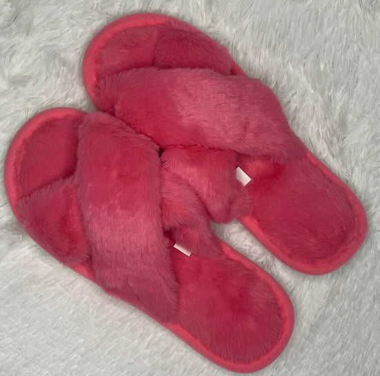 Pink Cross Strap Fuzzy Slippers