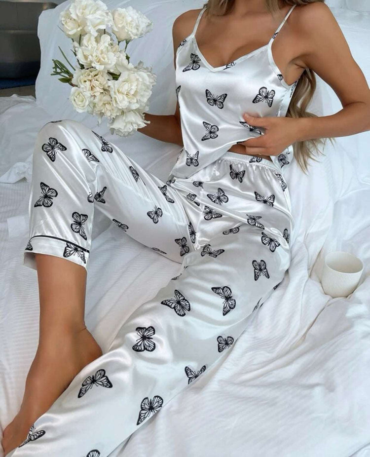 Butterfly Print Satin PJ Pants Set