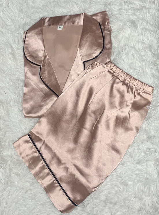 Champagne Satin PJ with Black Piping