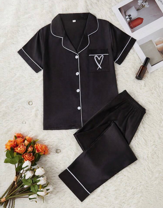 Black Satin Pants PJ Set