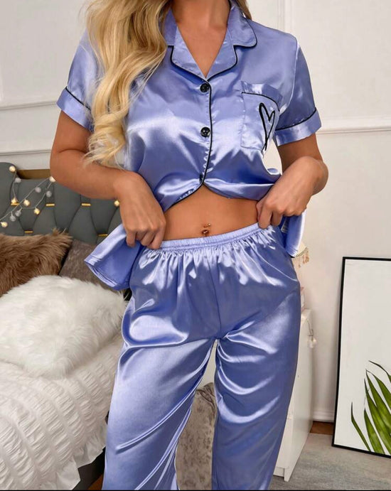 Blue Satin Pants PJ Set