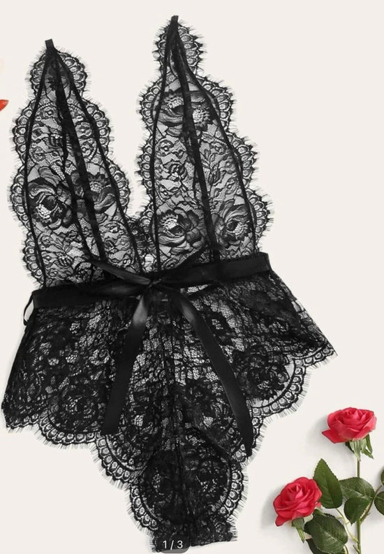 Floral Lace Teddy Bodysuit with Belt