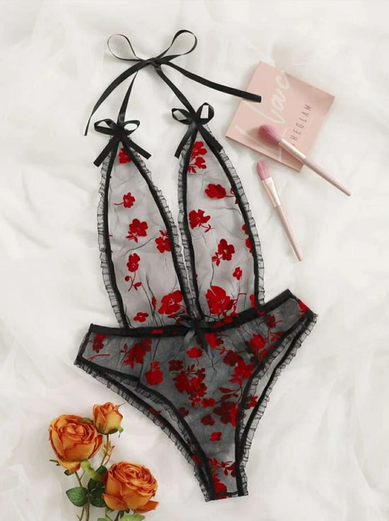 Red And Black Mesh Lingerie